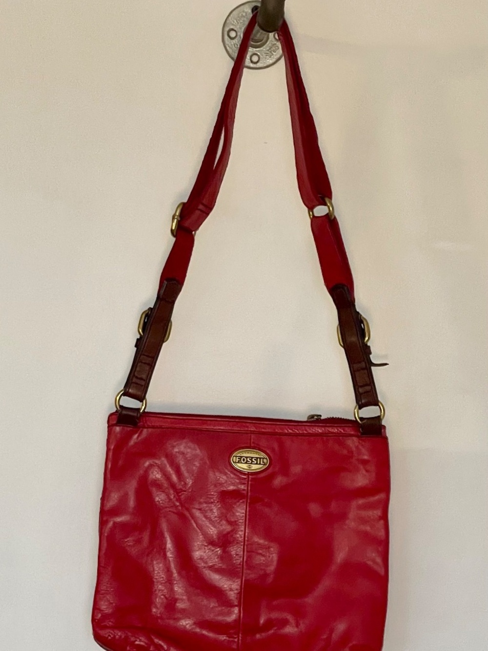 Vintage Fossil Red Leather Crossbody Brass Hardware